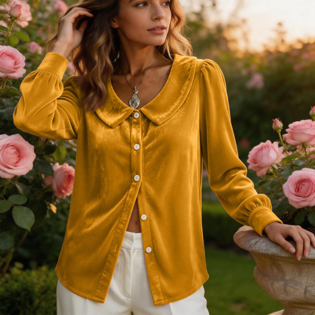 Women's Velvet Lapel Cardigan - Long Sleeve Single Breasted Button Front, Casual Open Front Jacket for and Evening