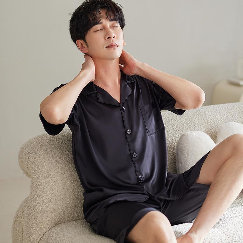 Pajamas Men's Spring and Summer Ice Silk Short Sleeve Homewear Men's Silk Simulation Silk White Summer Thin Premium