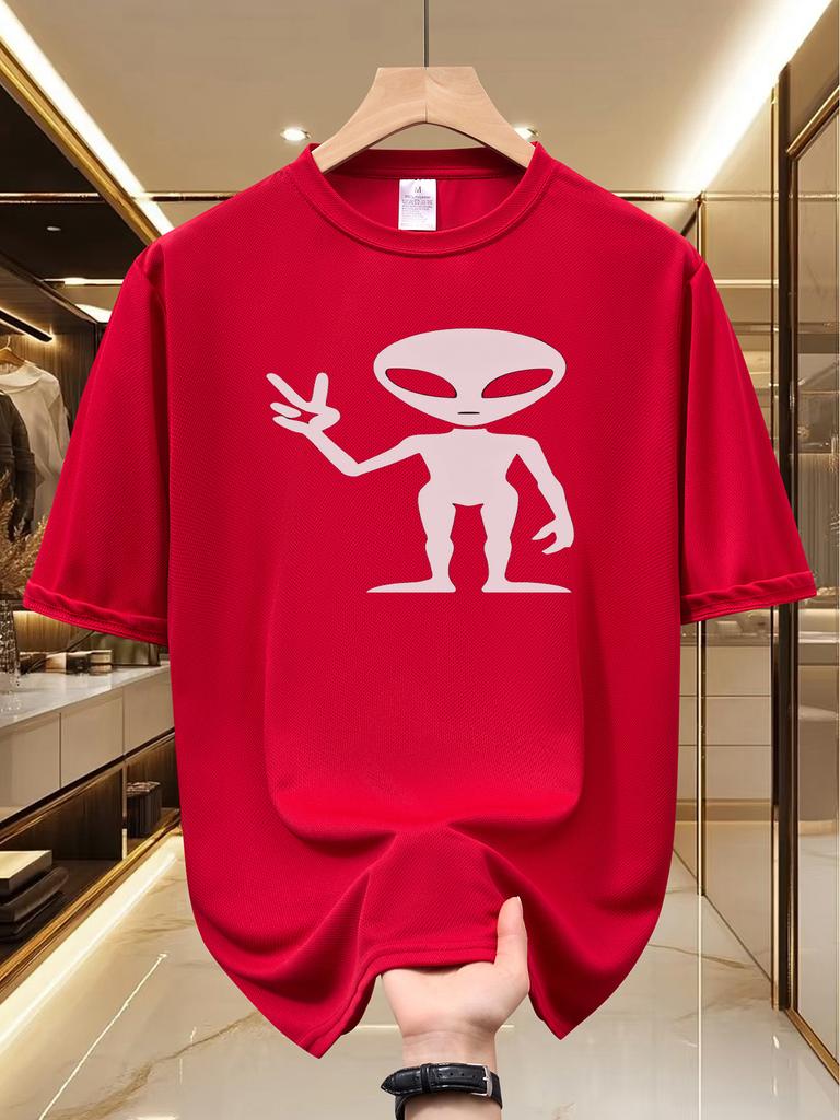 Unisexs Peace Gesture Alien Silhouette Print T Shirt Summer Quick Dry Breathable Short Sleeve Tee UFO Space Streetwear Graphic Tps