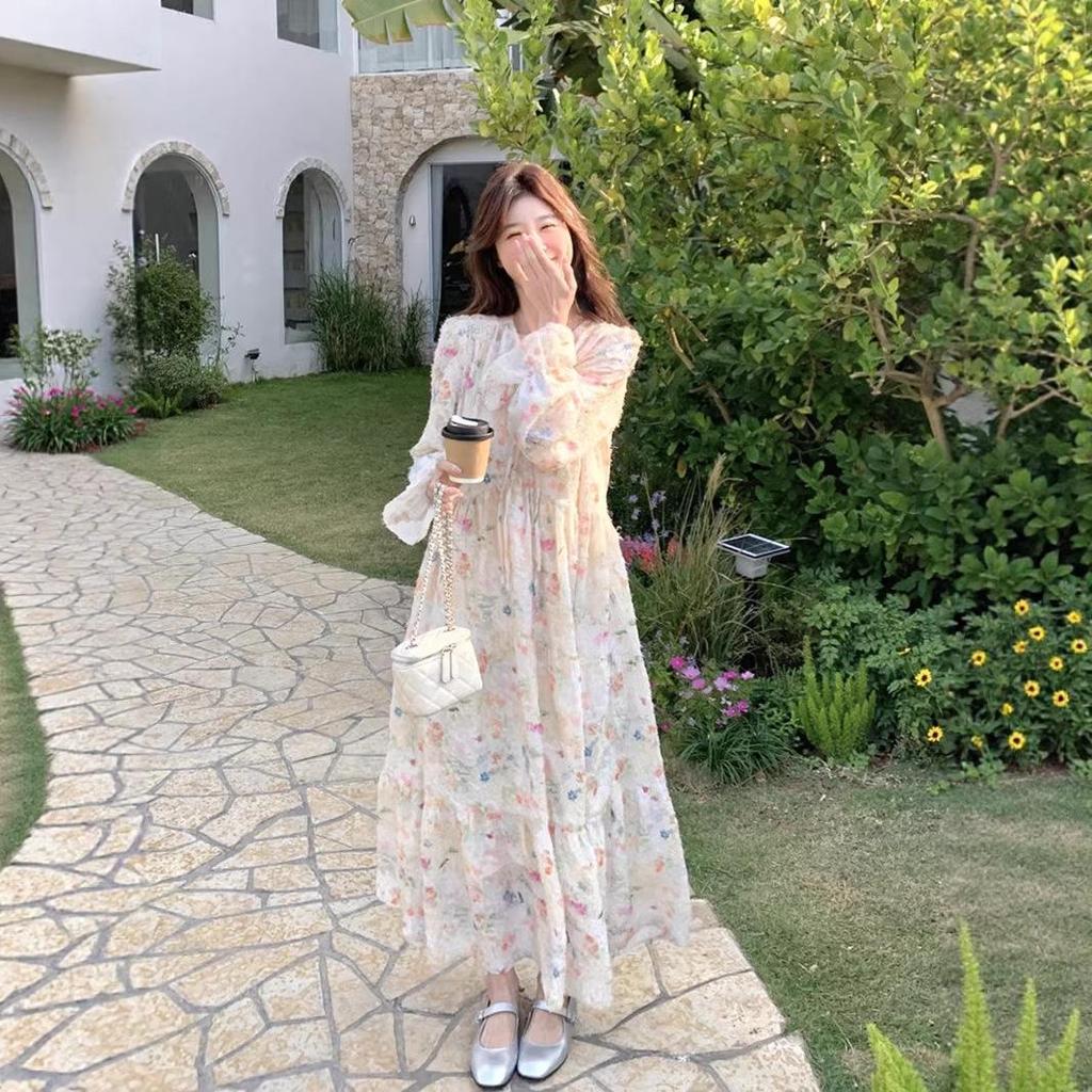 French Chic Floral Print Romantic Summer Long Dress with Elegant Hem