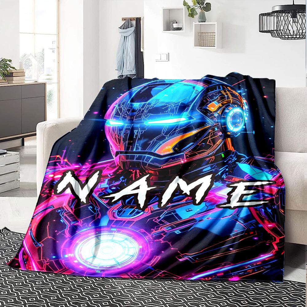 Neon Iron Man Helmet In Space Theme Throw Customizable Blanket Personalized Name Durable Comfort Great For Sofa Couch Office Bed Picnics Ideal For All