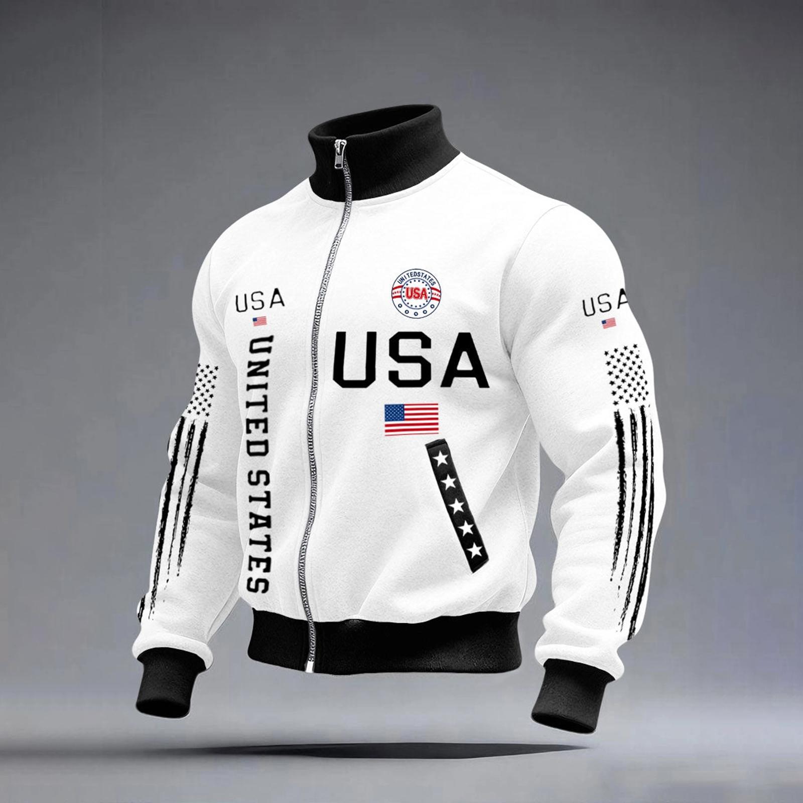 

USA Anniversary Men s Casual Letter Print Long-Sleeve Zip-Up Cardigan XXL білий