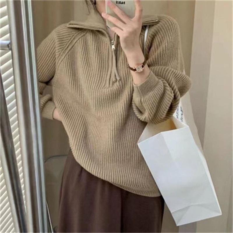 2024 Autumn/Winter Women's Zipper Pullover: Stand-Up Collar, Ribbed, Loose Knit Sweater