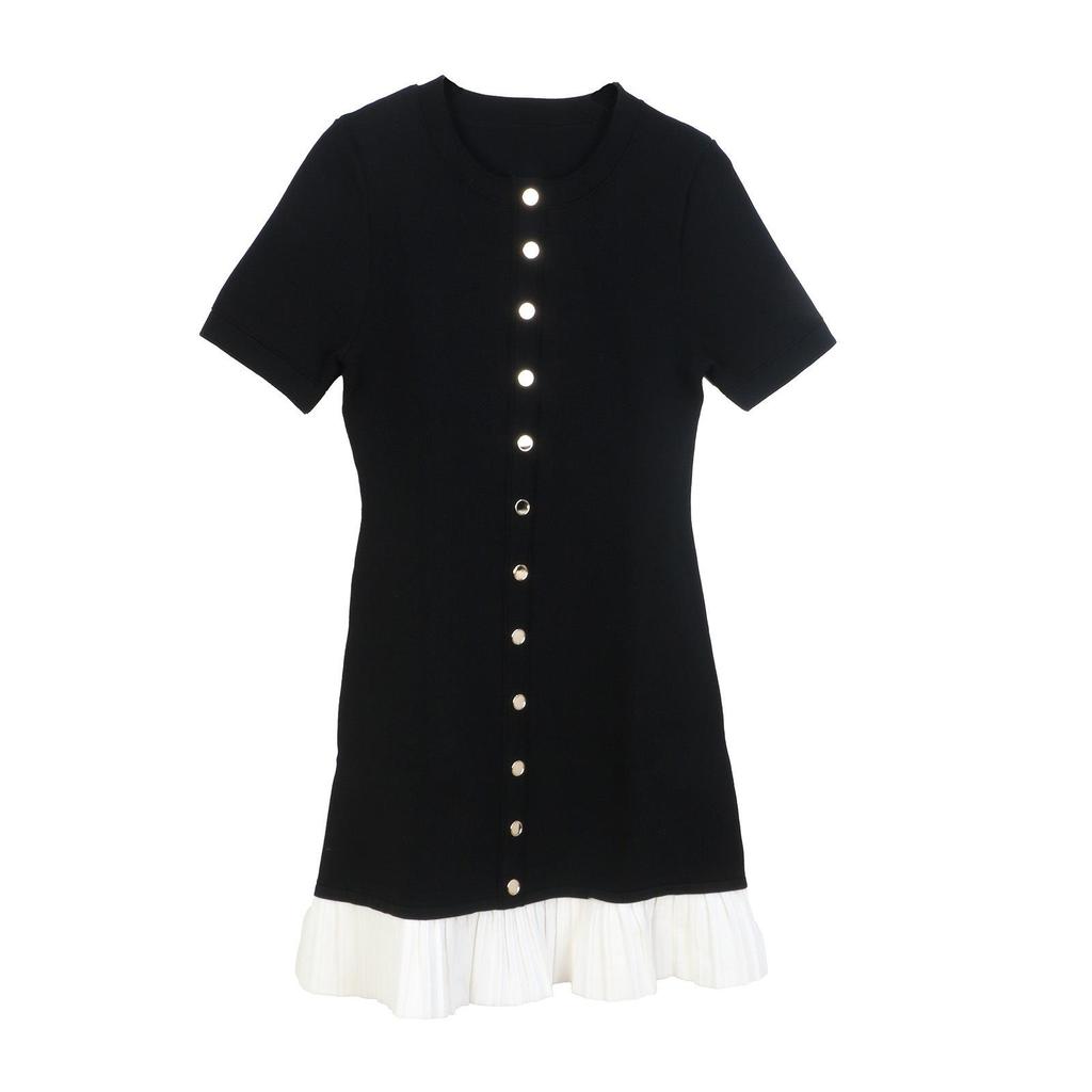 SP Family French Style Color Block Slimming Dress: Round Neck, Light Luxury, Short Sleeve