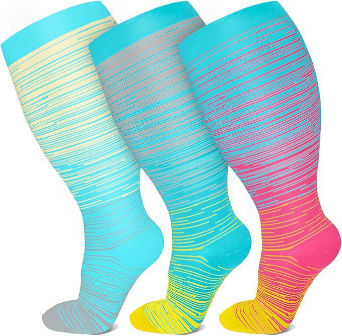 Three-Pair Pack Plus Size Knee-High Compression Socks for Wide Calf - Extra Large Support & Circulation Pressure Socks