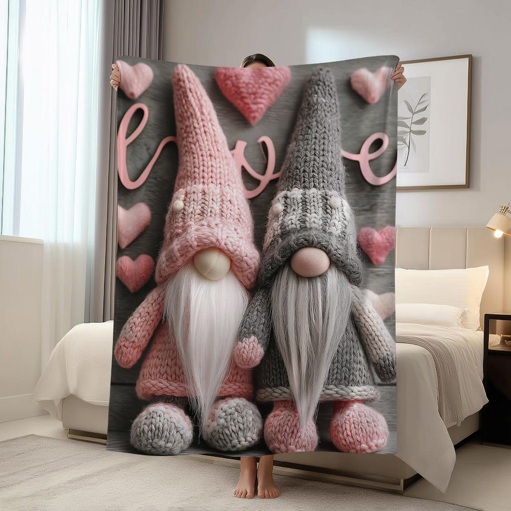 1pc Valentine's Day Blanket, Super Soft and Comfortable Nap Blanket, Romantic Couple Gnome Heart-shaped Printed Blanket, Gifts
