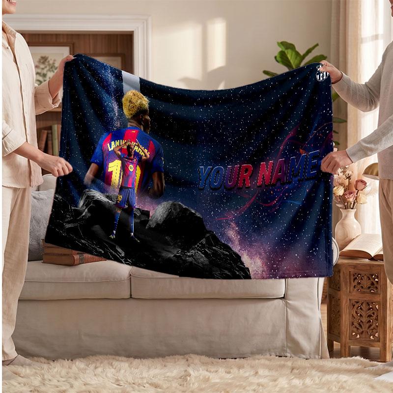 Coperta in pile personalizzata Lamine Yamal con logo del calcio, testo con nome personalizzato, morbida, calda, coperta da divano per la casa