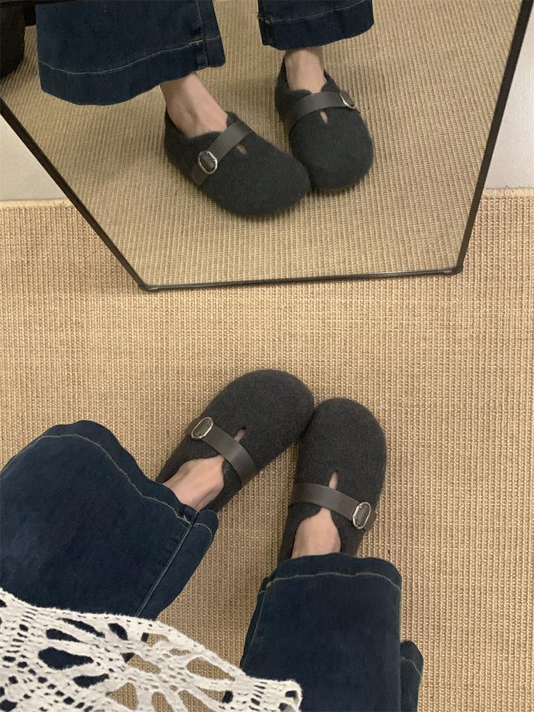 Ugly cute Birkenstock shoes children's velvet cotton shoes autumn and winter Mori round head belt buckle inner height-increasing Doudou shoes