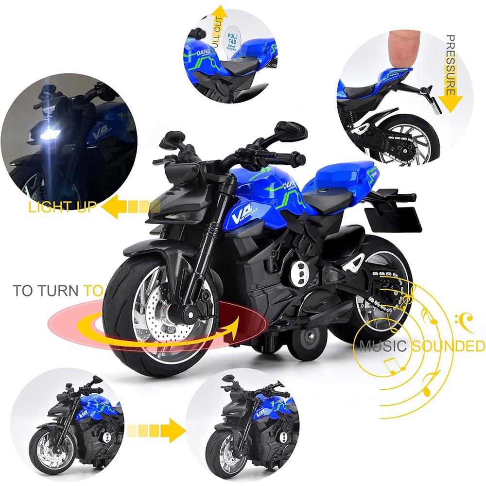 1/12 Pull Back V4 Motorradspielzeug, Geschenk mit Musikbeleuchtung, Street Fighter-Motorräder Spielzeug für Jungen Kinder im Alter von 3–12 Jahren