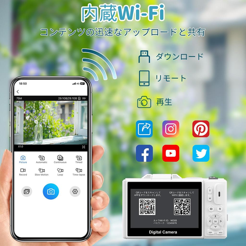 Digital Camera with 5K 75MP Transfer Function for Smartphone 18x Digital Rotatable IPS Screen with Selfie Micro SD Card 2 Ideal for School and White