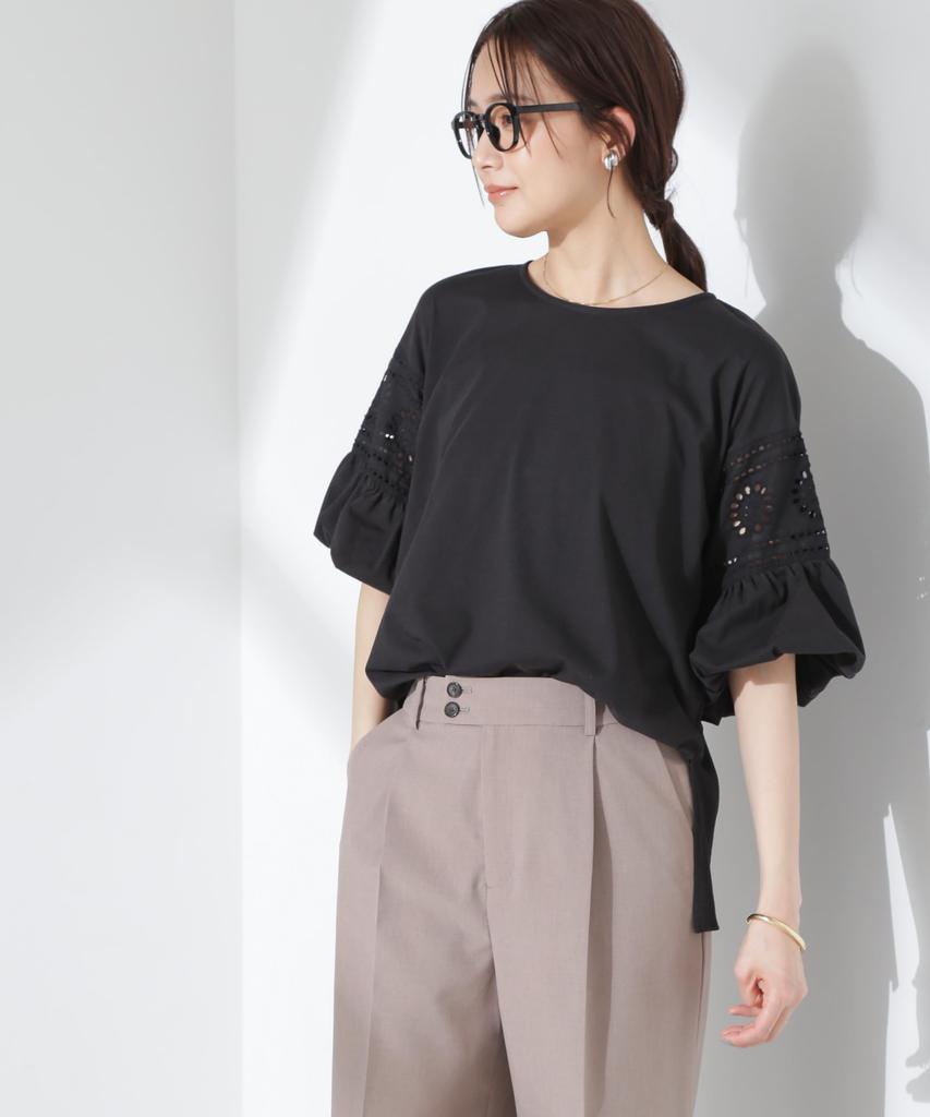 Nano Universe Floral Lace Top with Balloon Size F Women's Sleeves, Black, 010, 673-5124314