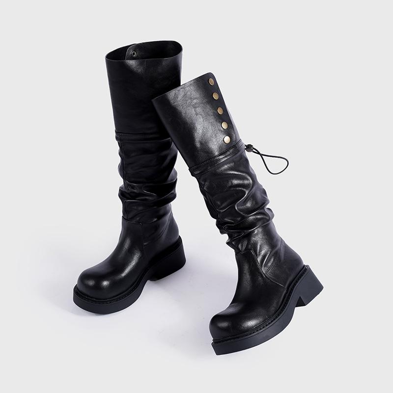

Spice Girl Street Versatile Commuter Fashion Boots Women s 2025 New European and American Wasteland Wind Folded Muffin Thick-bottomed Stacking Boots 40 чёрный