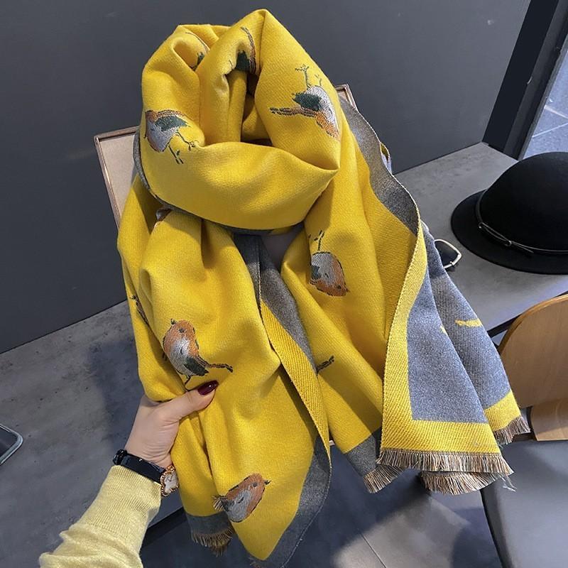 Women S High Grade Thick Warm Faux Cashmere Scarf Green Bird Pattern Air Conditioning Shawl Long Neck Wrap