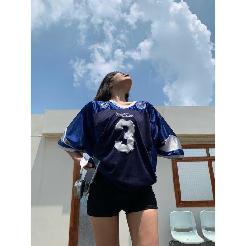 

P Pouvoir American Retro V Neck Jersey Men s and Women s T-shirt Patchwork Mesh Loose Sports Casual Short-Sleeved Top Navy S