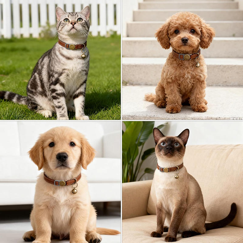 Vintage Cat Collar Breakaway Personalized Adjustable Leather Pet Collar with Bells and Quick Release Buckle