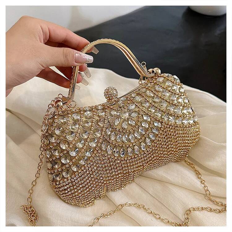 

Luxurious Women Banquet Handbags New Diamond-Studded Tassel Evening Bags Wedding Purse Dress Beaded Party Clutch золотой