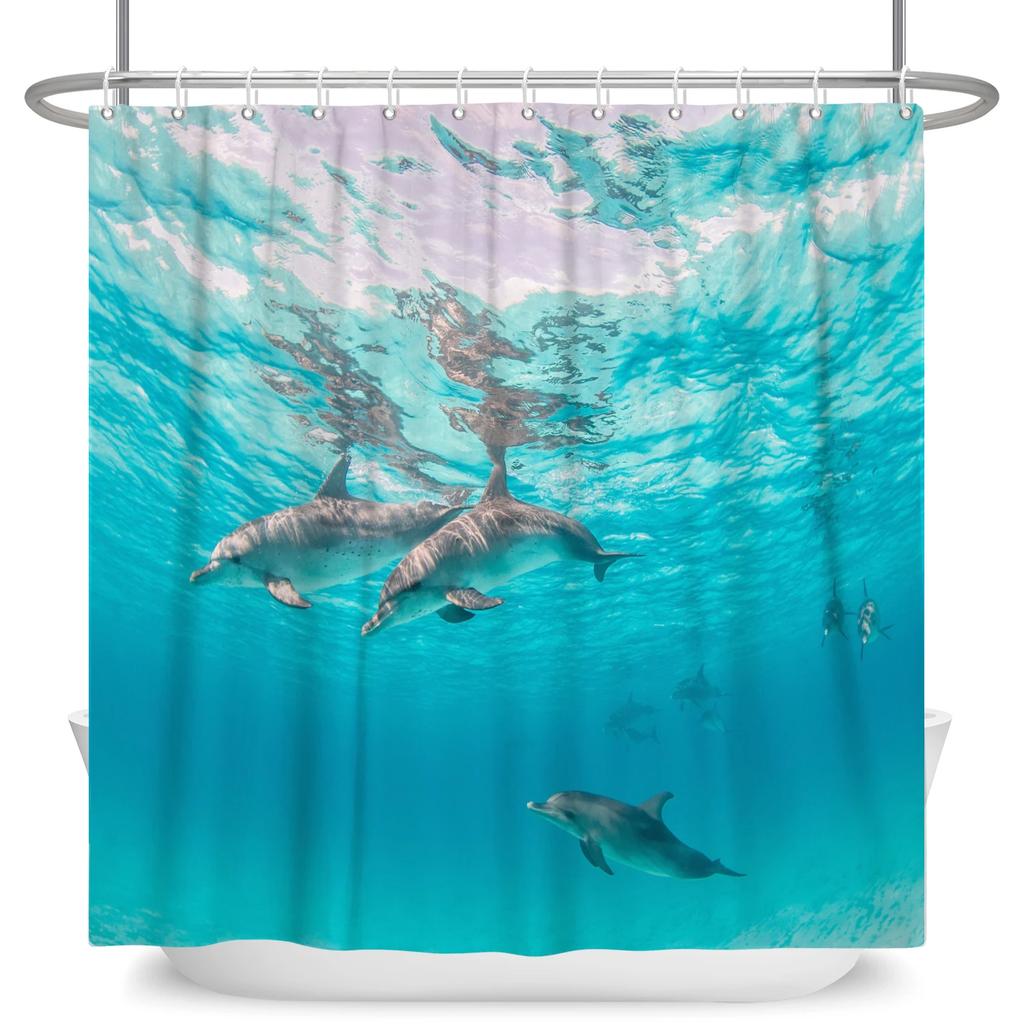 Funny Dog Shower Curtain Blue Ocean Shower Curtains with Animal Octopus Starfish Turtle Anchor Fish Nautical Bathroom Curtains