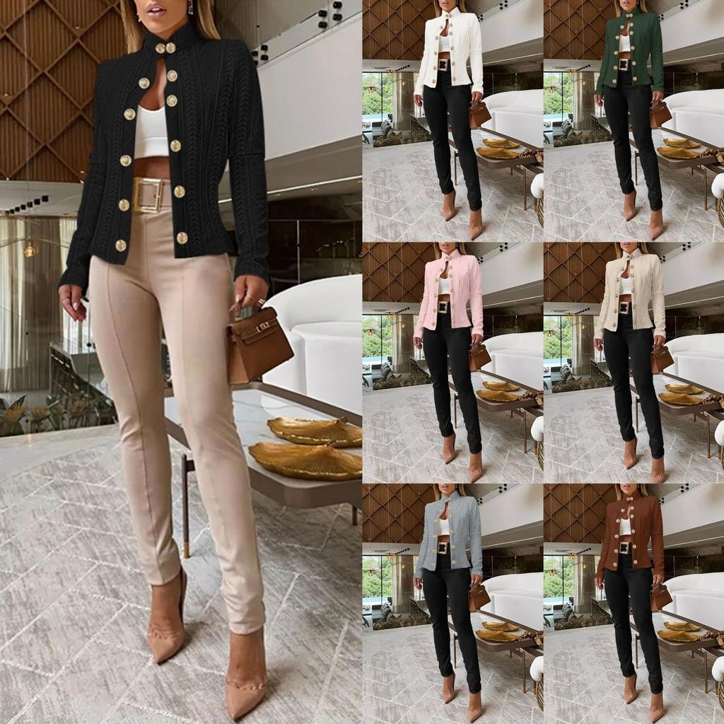 New Autumn Women's Stand Collar Cropped Jacket, Metal Button Decor Slim Fit Short Coat, Knit Texture Casual Outerwear For Daily Street Fashion Outfits