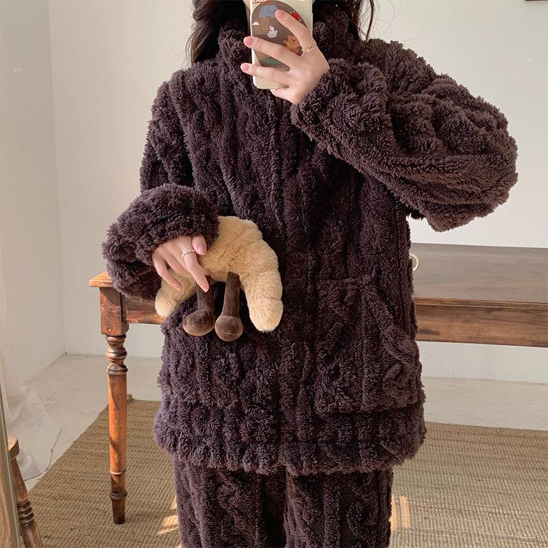 Dámské pyžamo, podzimní a zimní modely, zesílený korálový fleece, jednobarevný žakárový fleece, dámský kardigan na zip a domácí set