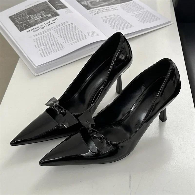 Fashion High Quality Patent Leather Women Pumps Sexy Pointed Toe Bow Design Thin High Heels Elegant Party Dress Shoes Zapatos De Mujer