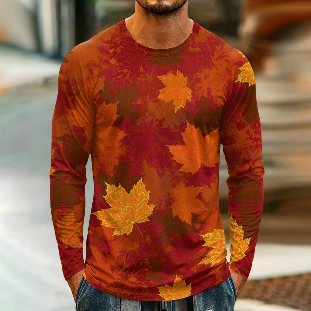 Men's Long Sleeve Maple Leaf Print Tee, Lightweight Round Neck Casual Top for Fall and Winter