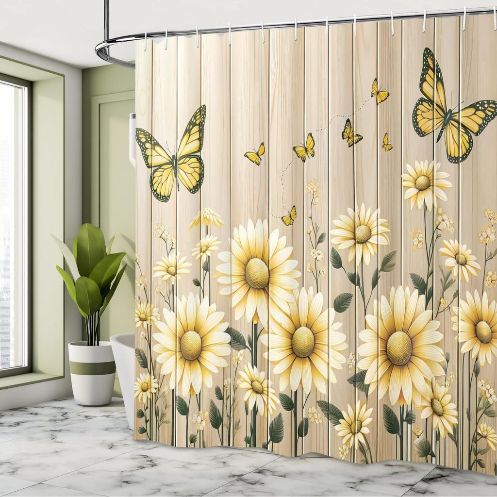 Wooden Background Daisy Butterfly Shower Curtain Machine Washable All Season Waterproof Privacy Protection Rustic Design Natural