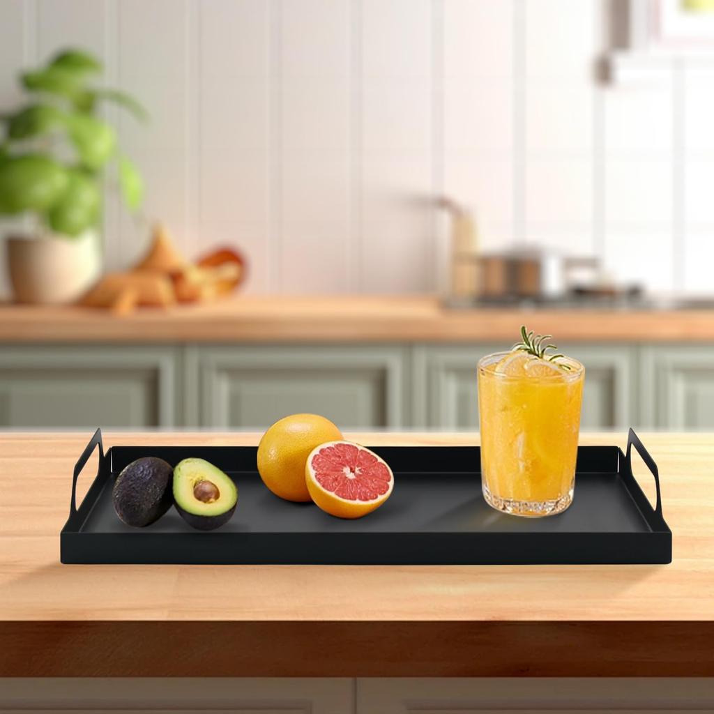 VANRA Metall Serviertablett mit Griff, Rechteckig, Dekoratives Frühstückstablett für Kaffee und Tee, Café oder Heimgebrauch (Schwarz)