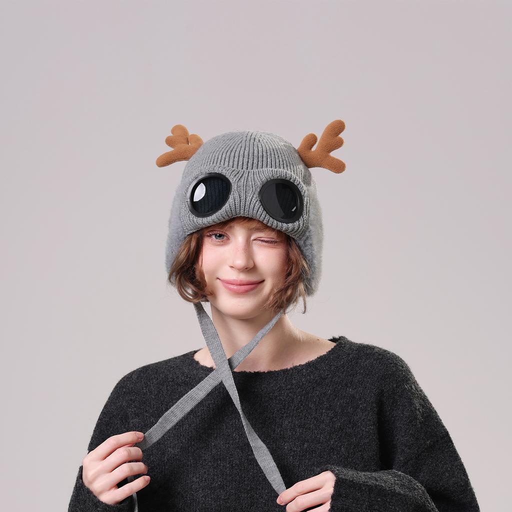 Men's And Women's Windproof Goggles With Fleece Ski Hats Knitted Warm Knitting Hat Deer Antler Hat