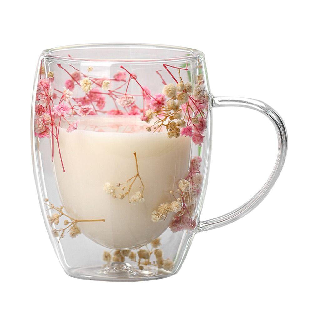 Gypsophila Dried Flowers Glass Mugs Heat Resistant Flower Cup Double Wall Glass Cup  Home&Office
