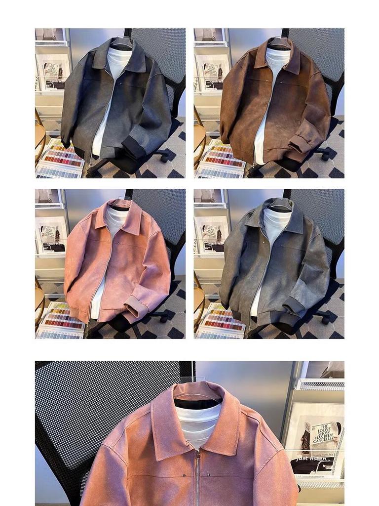 Men's Trendy Retro Brown Leather Baseball Jacket - Suede, Short, Roguish Style for Spring/Autumn