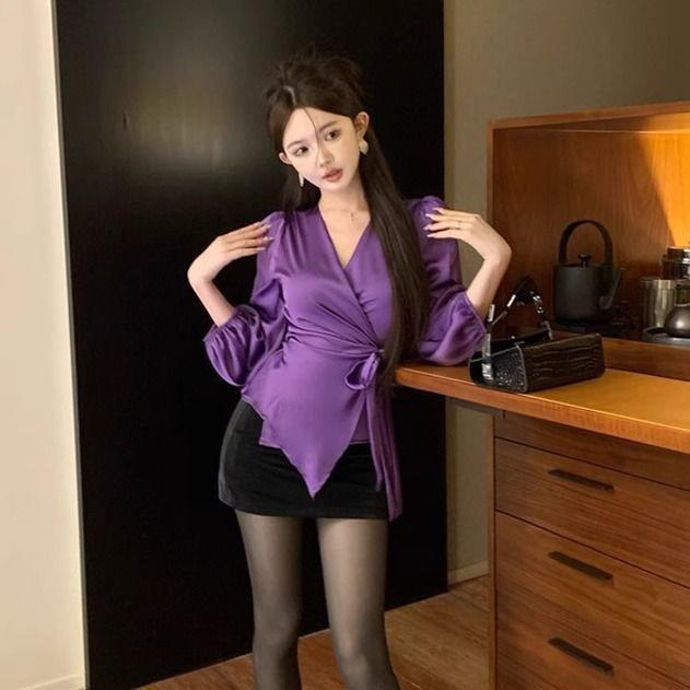 Women s Satin V-Neck Tie-Up Shirt – Waist-Cinching, Elegant, for Spring/Summer, Mature Niche Design L чёрный