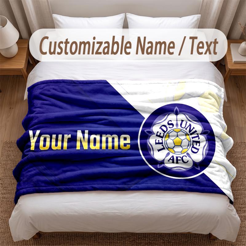 Leeds United Printed Flannel Blanket Custom Name Text Soft Warm Throw For Bedroom Holiday Gift