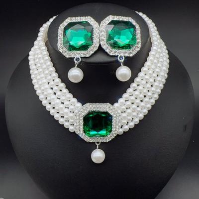 Geometric Square Crystal Layered Necklace Earring Set Women Alloy Pendant With Imitation Pearl Chains 2025 Fashion