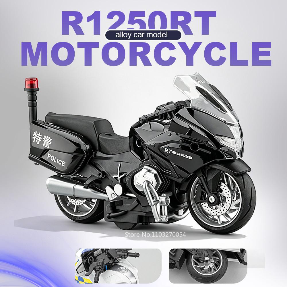 1:14 R1250Rt-P Alloy Diecast Police Motorcycle Model Toy Car Sound Light Pull Back Rubber Tire Miniature Motorbick Friend'S Gift