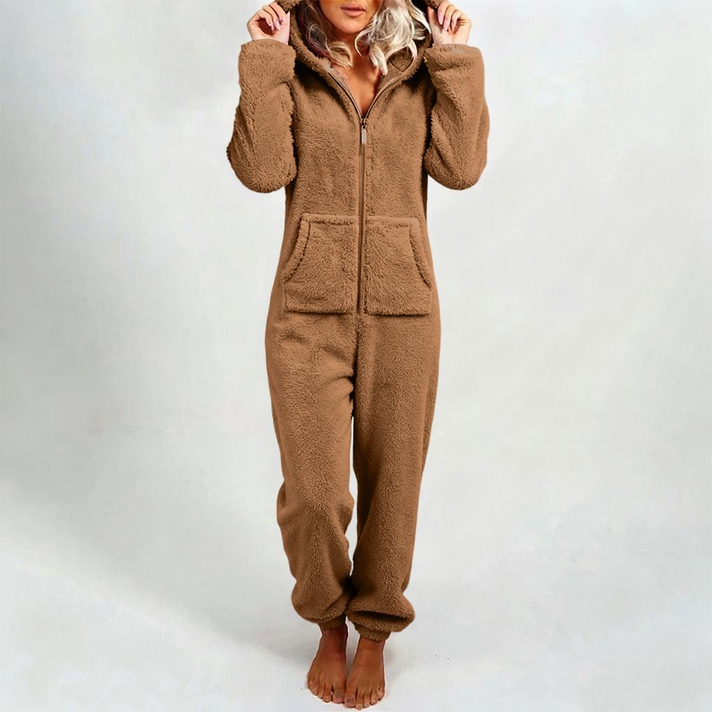 Women's Fashion Fleece-Lined Thickened Fleece Hooded Pyjamas With Zip-Up Onesie