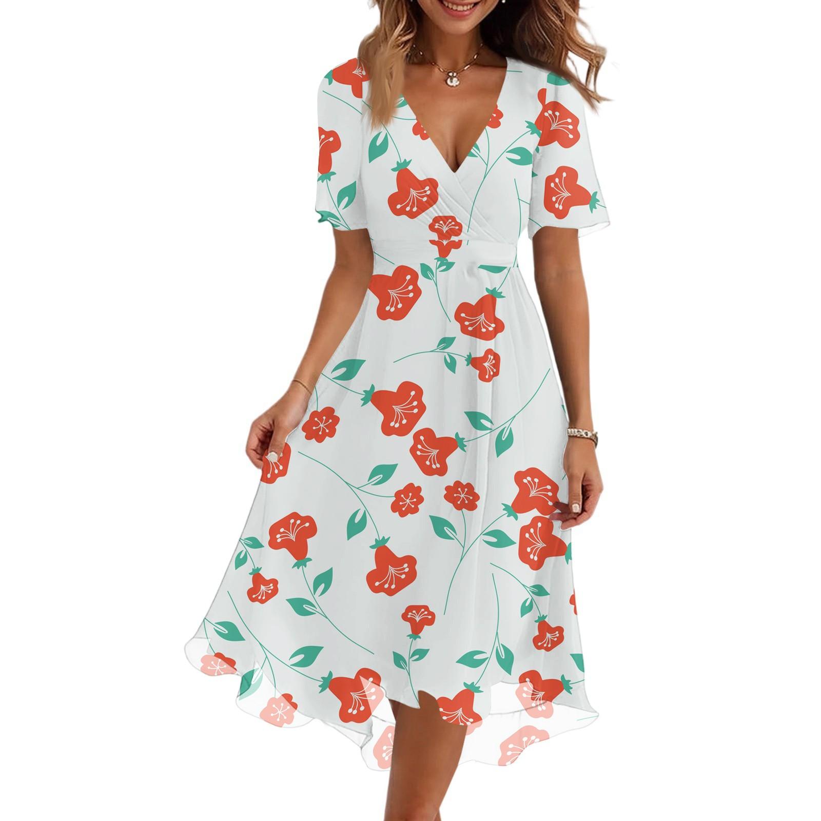 

Женское модное повседневное платье с V-образным вырезом, короткими рукавами и цветочным принтом XL киноварь