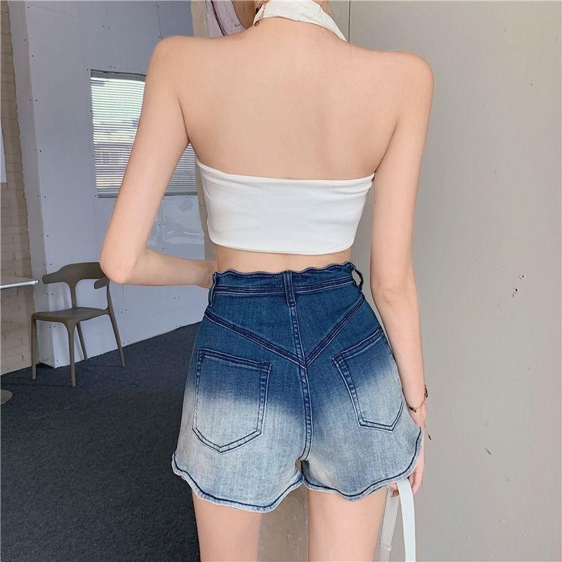 Nuovo Design Estivo a Colori Degradé con Pantaloncini di Jeans a Gamba Larga per Donna Vita Alta Gamba Dritta Casual Hot Pants
