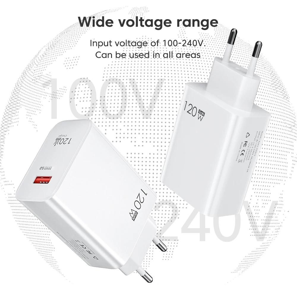 USB 120W Charger Quick Charge 3.0 EU/US Plug Phone Charger Adapter Type C Wire for IPhone Samsung Xiaomi Huawei Fast Charger