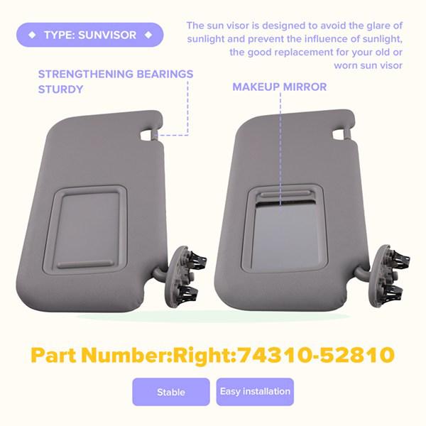 7431052810: Fits right-side sun visor for 2008-2013 Toyota Yaris. 74310-52810