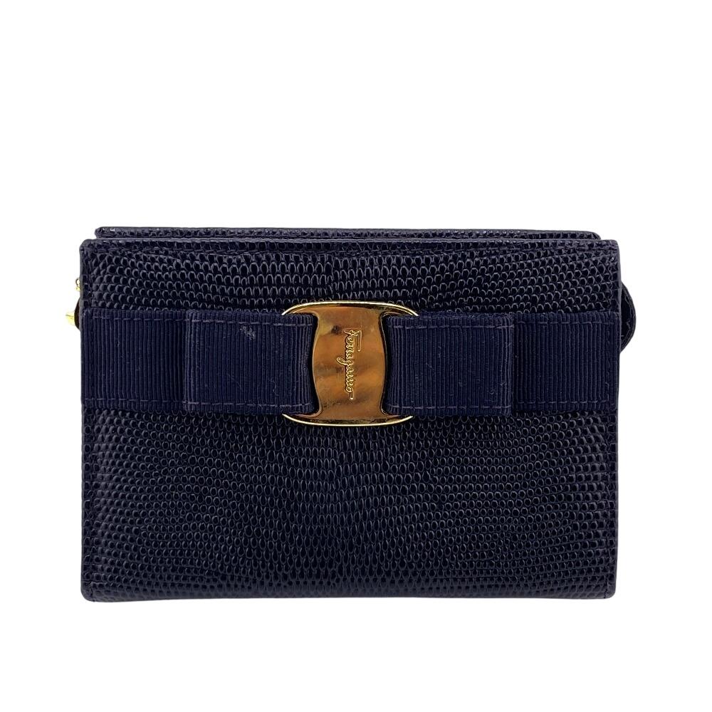 Salvatore Ferragamo Coin Pocket Key Ring Pouch Vara ribbon Lizard Coin case black Lizard Used