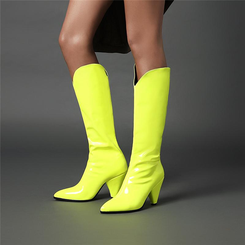 Yellow Women's High Boots Winter Shoes Fashion Western High Knee Boots Women Pink Patent Leather Party Shoes Ladies Large Size