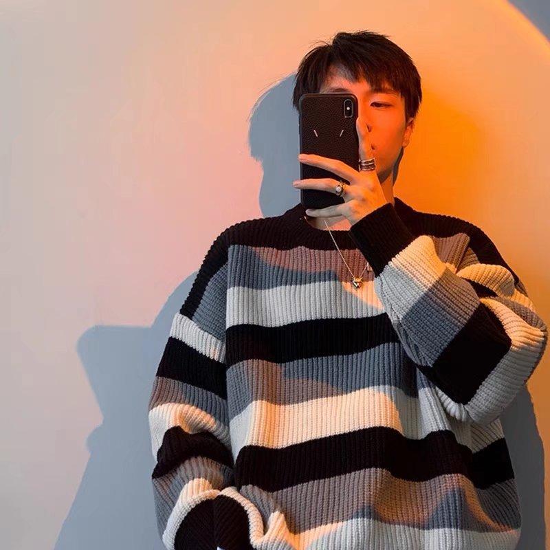Sweater Men s Autumn and Winter New Striped Sweater Men s Trendy Brand Loose Color Block Sweater Top Jacket M