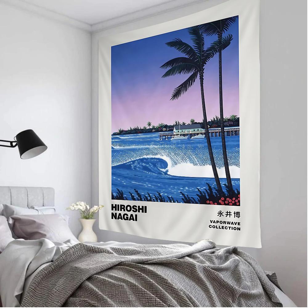 

VIKAMA Summer Nagaihiro Steam Wave Art Tapestry Tokyo Pool Gradient Urban Beach Palm Room Decoration BB Coffee Walls 74x94cm(29x37in)