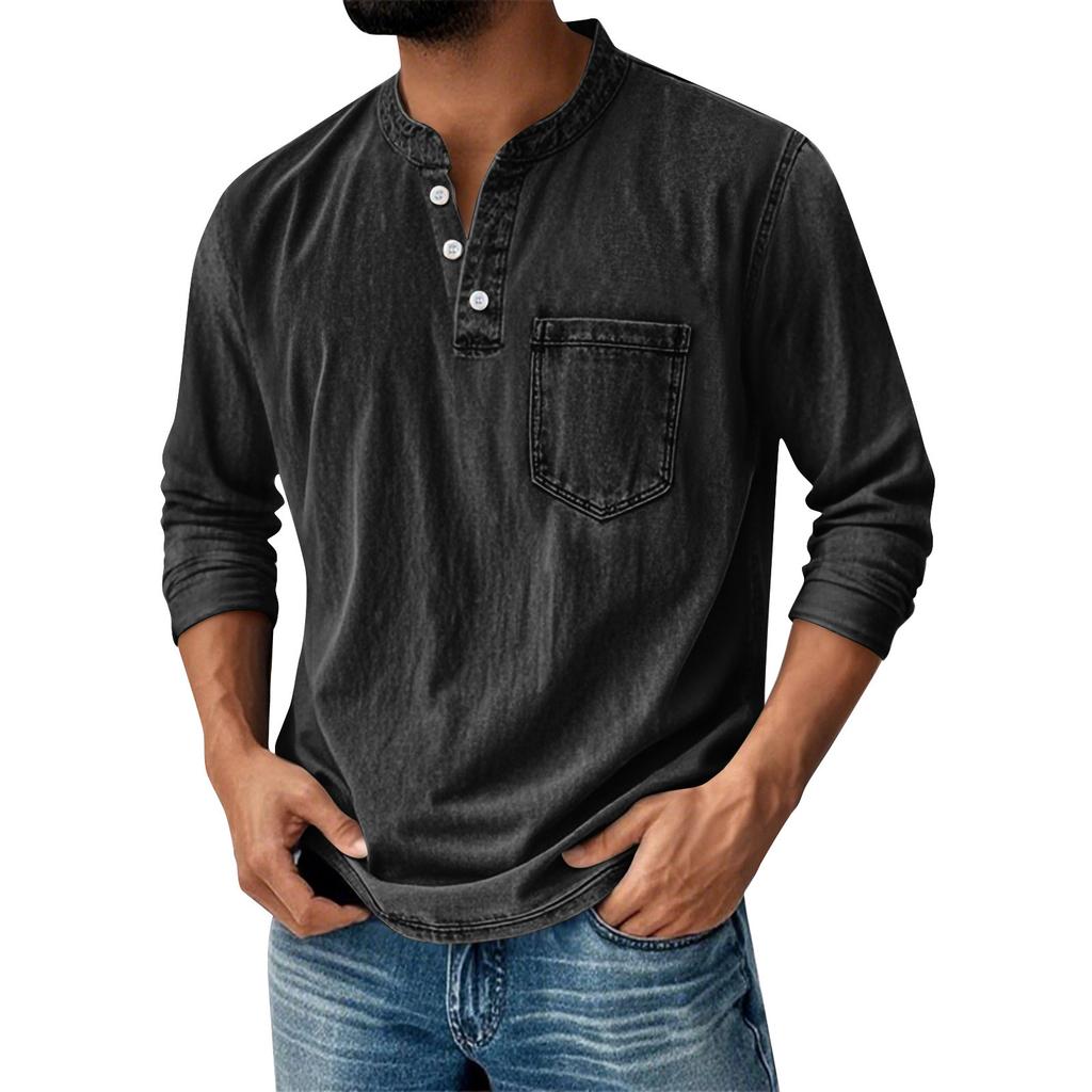 Men's Solid Color Washed Sports Button Pocket Stand Collar Long Sleeve Top