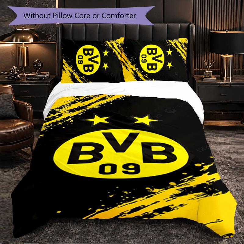 Borussia Dortmund 3-teiliges Bettwäscheset Weiches Bettbezug-Set mit Kissenbezügen Bedrucktes Schlafzimmer-Deko-Set für Zuhause