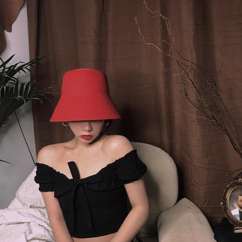 French Retro Black And White Red Bell Bucket Hat Women'S Summer Sunshade Vacation Beach Versatile Fisherman Basin Hat Straw Hat