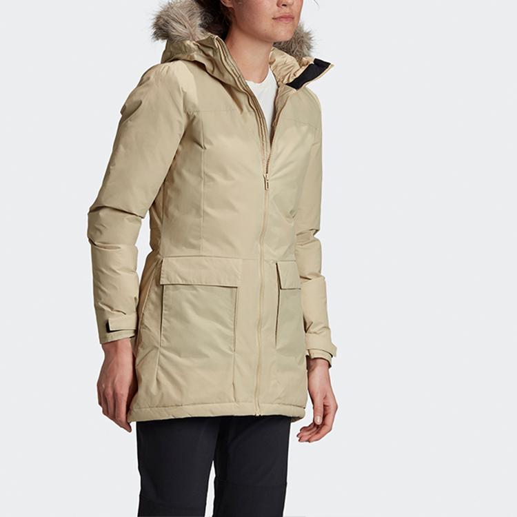 Adidas Xploric Teplý Jednobarevný Bavlněný Kabát Střední Délky Dámské Kabáty Khaki GE7790