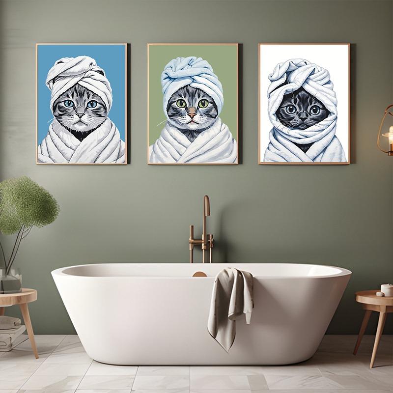Cute Bathroom Cat Poster Print Canvas Painting Modern Funny Kitten Wearing Bathrobe Wall Art Pictures for Toilet Room Home Decor