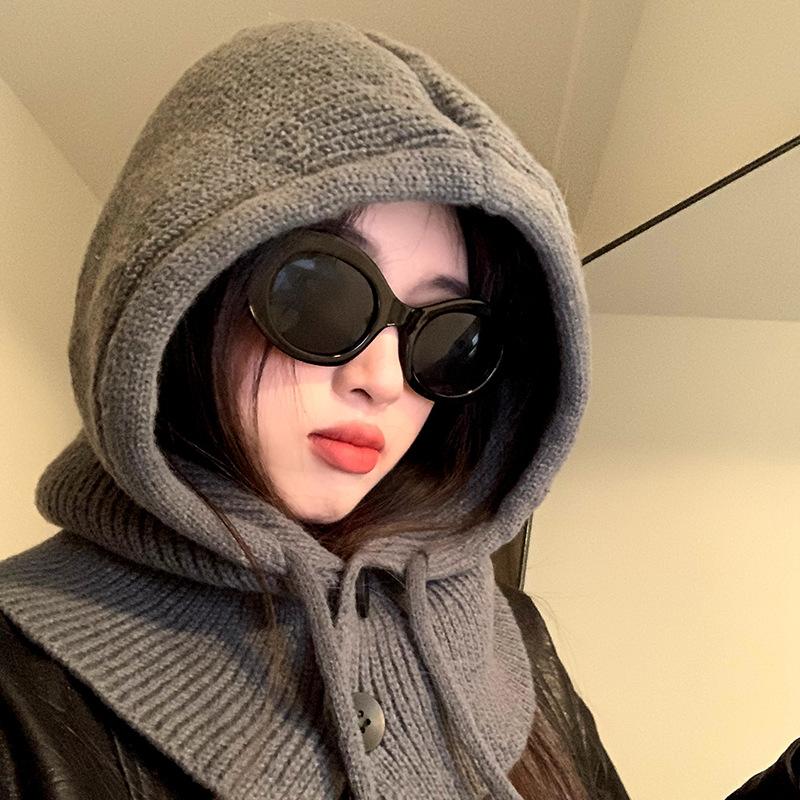 Korean Style Red Balaclava Hat for Women Autumn and Winter Large Head Circumference Woolen Hat Warm Ear Protection Strap Knitted Hat