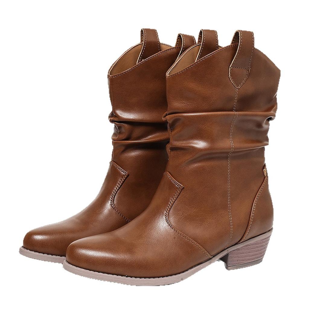 Autumn And Winter Western Cowboy Boots Women'S Pointed V-Shaped Boots Pleated Stacking Boots Medium Boots Women'S Fashion Boots
